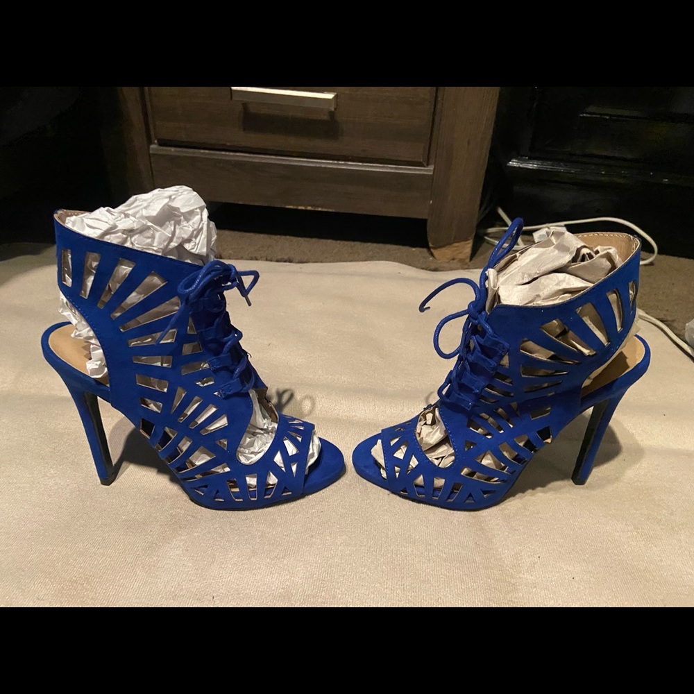 Royal blue lace up heels, size 6.5 women, brand new never worn except for try on